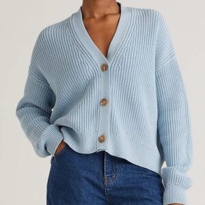 Quince 100% Organic Cotton Fisherman Boxy Cropped Cardigan Sky Blue - S